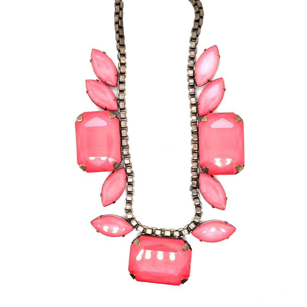 Loren Hope Statement Necklace Coral Pink Emerald Marquise Brass Tone 22.5in